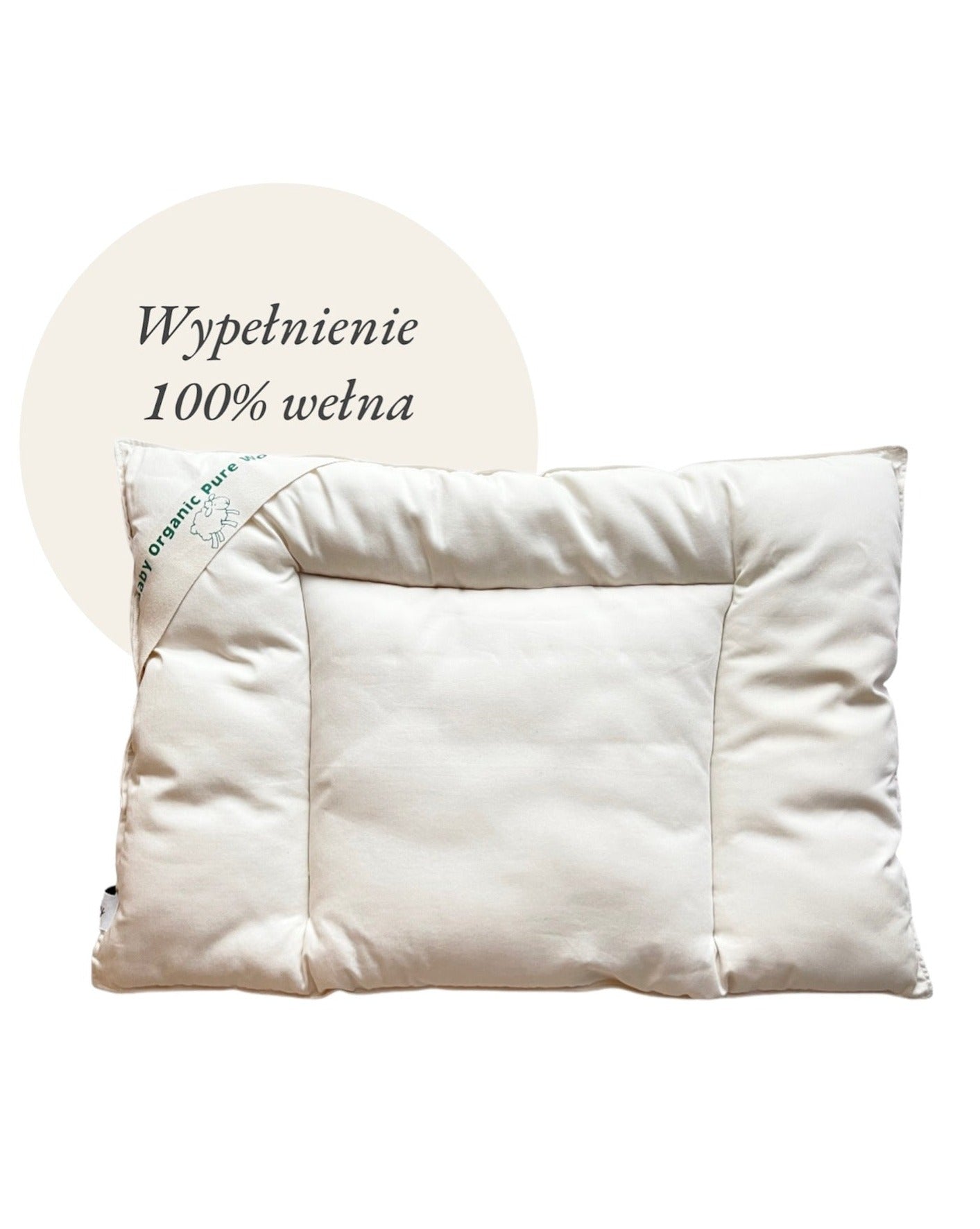 Naturalna płaska poduszka dla dzieci i niemowląt. Maximusky Organic. Wypełnienie 100% wełna organiczna, tkanina poszyciowa 100% bawełna organiczna. 